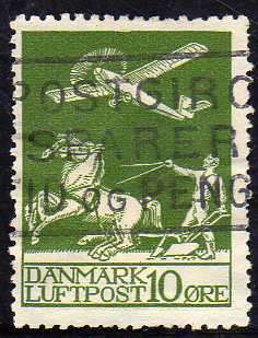 DENMARK 1925 AIR 10 ORE USED (SPACE FILLER - BADLY THINNED). SG 224. CAT 34 POUNDS.