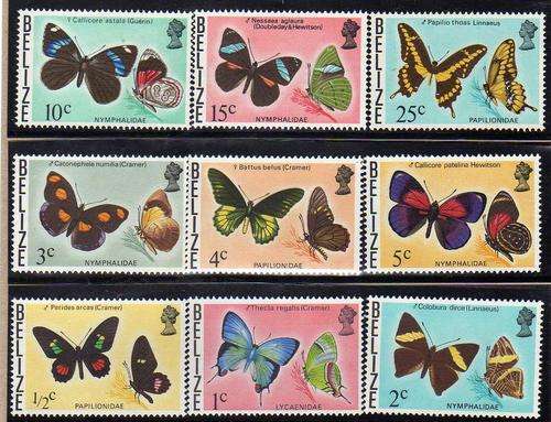 BELIZE 1974 "BUTTERFLIES" PART SET OF 9 UMM + LMM. SG 380-410 + 412 SIMPLIFIED. CAT 20 POUNDS.