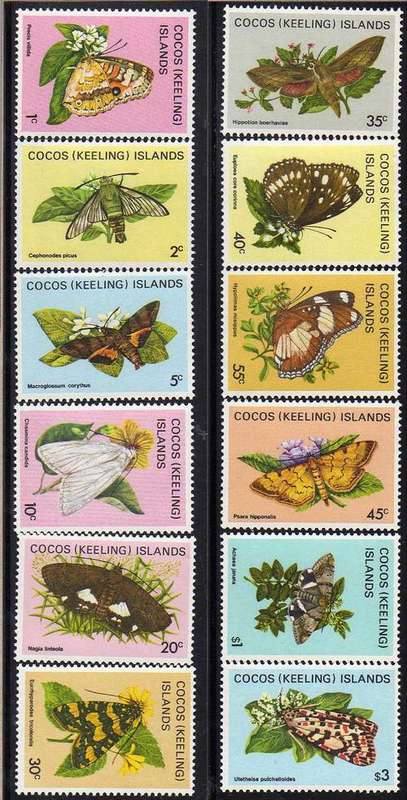COCOS (KEELING) ISLANDS 1982 "BUTTERFLIES & MOTHS" PART SET OF 12 UMM. CAT 12,50 POUNDS.