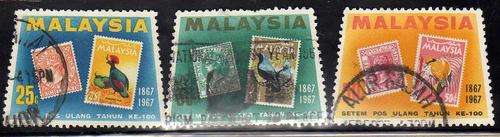 MALAYSIA 1967 "STAMP CENTENARY" (STAMPS ON STAMPS) SET OF 3 FINE USED. SG 48-50. CAT 9,50 POUNDS.