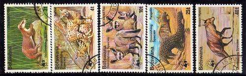 BOTSWANA 1977 DEMINISHING SPECIES SET OF 5 V.F.U. SG 394-98. CAT 9,5 POUNDS.
