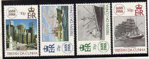 TRISTAN DA CUNHA 1988 "LLOYD'S 300th ANNIV" SET OF 4 U.M.M. SG 457-460. CAT 6,60 POUNDS.