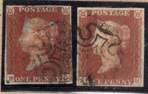 GREAT BRITAIN 1842 2 x 1d RED-BROWN IMPERF 4 MARGINS VFU. SG 8. CAT 50 POUNDS.