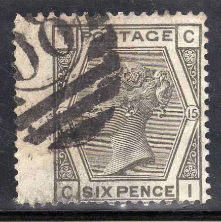 GREAT BRITAIN 1873-80 6d PLATE 15 WING MARGIN GOOD USED SG 147. CAT 90 POUNDS.