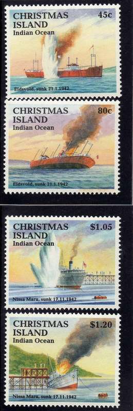 CHRISTMAS ISLAND 1992 "50th ANNIV SINKING OF EIDSVOLD" SET OF 4 U.M.M. SG 362-5. CAT 13,25 POUNDS.