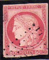FRANCE 1849 80c RED USED SPACE FILLER WITH FAULTS INCL TEAR LEFT SIDE. SG 23. CAT 130 POUNDS.