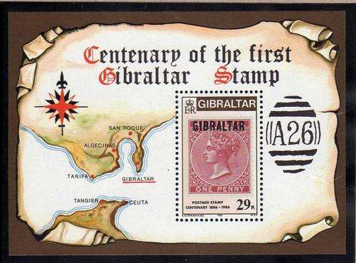 GIBRALTAR 1986 "POSTAGE STAMP CENTENARY" SET OF 5 + MINI SHEET UMM. SG 534-9. CAT 9,25 POUNDS.