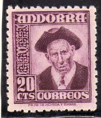ANDORA (SPANISH) 1948 DEFIN 20 CTS PURPLE FINE MOUNTED MINT. SG 44. CAT 10,50 POUNDS.
