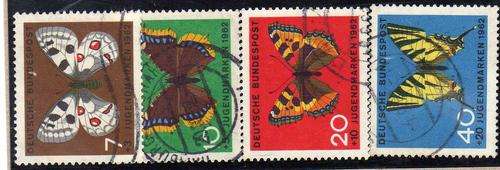 GERMANY (WEST) 1962 "BUTTERFLIES" SET OF 4 V.F.U. SG 1290-93. CAT 6 POUNDS.