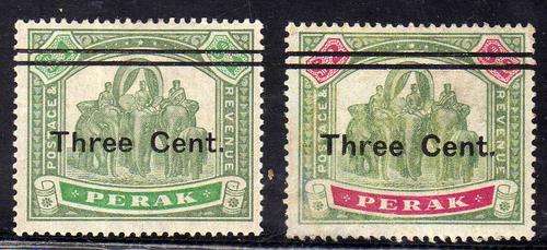 MALAYSIA PERAK 1900 DEFIN SURCHARGES 3c ON $1 & 3c ON $2 FAIR MINT. SG 86 + 87. CAT 103 POUNDS.