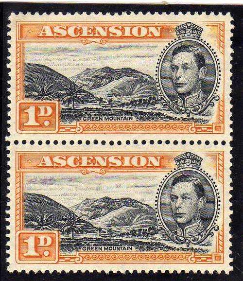 ASCENSION 1938 DEFIN 1d PAIR BLACK & YELLOW ORANGE PERF 13,5 UMM.  SG 39a. CAT 28 POUNDS.