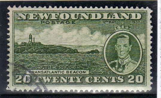 NEWFOUNDLAND 1937 CORONATION 20c GREEN PERF 14 VFU. SG 264. CAT 14 POUNDS.