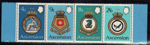 ASCENSION 1970 "ROYAL NAVY CRESTS" 2nd SERIES STRIP OF 4 UMM. SG 130-133. CAT 5,75 POUNDS.