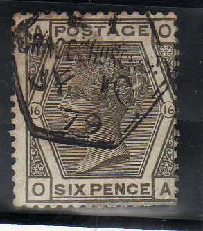 GREAT BRITAIN 1873-80. 6d GREY PLATE 16 FINE USED. SG 147. CAT 90 POUNDS. (2018)