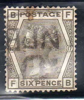 GREAT BRITAIN 1880-83 6d GREY PLATE 17 GOOD USED. SG 161. CAT 65 POUNDS.