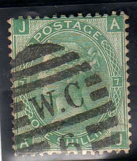 GREAT BRITAIN 1867-80 1/- GREEN PLATE 7 FINE USED. SG 117. CV 90 POUNDS. (2018)