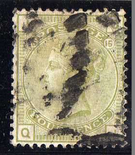 GREAT BRITAIN 1873-80 4d SAGE GREEN PLATE 15 GOOD USED. SG 153. CAT 325 POUNDS.(2018)