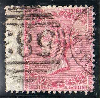 GREAT BRITAIN 1855-57 4d ROSE FINE USED W/MARK LARGE GARTER. SG 66. CAT 110 POUNDS.