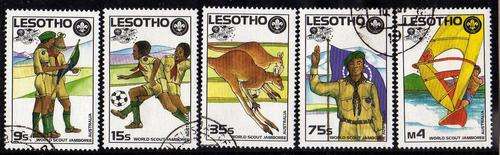 LESOTHO 1987 "SCOUT JAMBOREE AUSTRALIA" SET OF 5 VFU. SG 775-9. CAT 7,75 POUNDS.