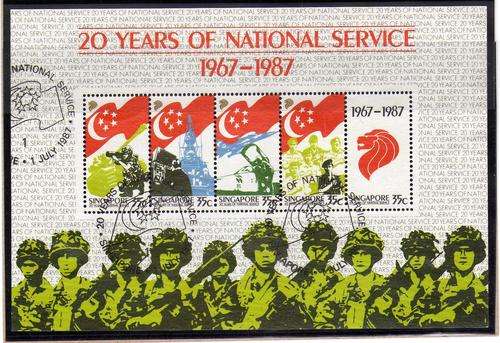 SINGAPORE 1987 "20 YEARS OF NATIONAL SERVICE" SET OF 4 & MINI SHEET VFU. SG 553-7. CAT 8,80 POUNDS.