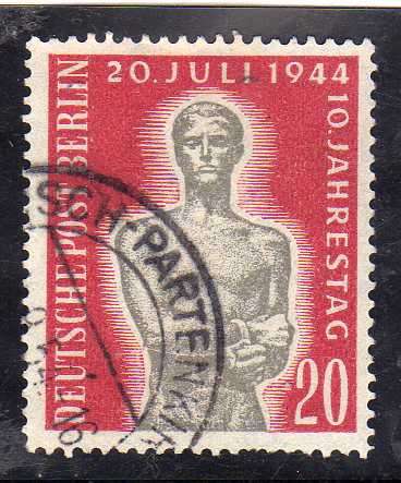 GERMANY WEST BERLIN 1954 `10TH ANNIV TO KILL HITLER` 20PF FINE USED. SG B116. CV 6,25 POUNDS.(2013)