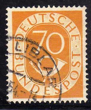 GERMANY WEST 1951 POST HORN DEFIN 70PF YELLOW FINE USED. SG 1058. CV 21 POUNDS