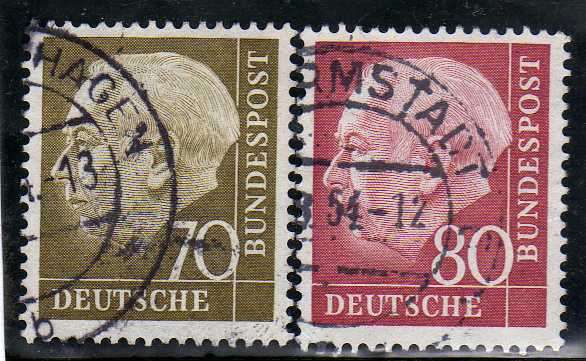 GERMANY (WEST) 1954 70PF OLIVE + 80PF RED VFU. SG 1117-18. CV 10 POUNDS (2013)