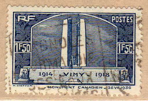 FRANCE 1936 CANADIAN WAR MEMORIAL 1F50 BLUE FINE USED. SG 550. CAT 11 POUNDS.