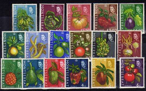 MONTSERRAT 1965 "FRUIT & VEGETABLES" DEFIN SET OF 17. SG 160-176. CAT 22 POUNDS.