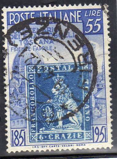 ITALY 1951 "CENT OF FIRST TUSCAN STAMP" 55 LIRE VFU. SG 780. CAT 48 POUNDS.