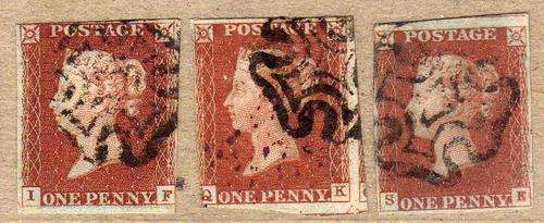 GREAT BRITAIN 1841 1d RED-BROWN IMPERF X 3. ALL 3 MARGIN COPIES USED. SG 8. CAT 75 POUNDS.