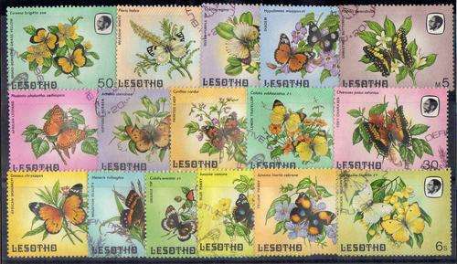 LESOTHO 1984 BUTTERFLIES DEFIN SET OF 16 V.F.U. SG 563-78. CAT 12,50 POUNDS.