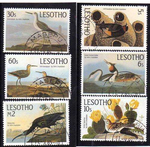 LESOTHO 1985 BIRDS "AUDUBON CENT " SET OF 6 VFU. SG 646-51. CAT 9,25 POUNDS.