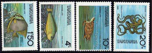 TANZANIA 1986 "MARINE LIFE" SET OF 4 UMM. SG 489-92. CAT 8,40 POUNDS.