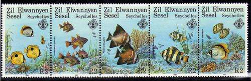 ZIL ELWANNYEN SESEL 1987 "CORAL REEF FISH"" STRIP OF 5 UMM SG 144-8. CAT 5,50 POUNDS.