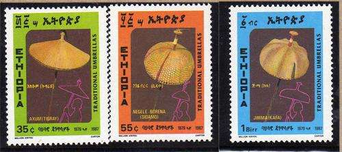 ETHIOPIA 1987 "TRADITIONAL UMBRELLAS" SET OF 3 UMM. SG 1365-7. CAT 6,60 GBP.