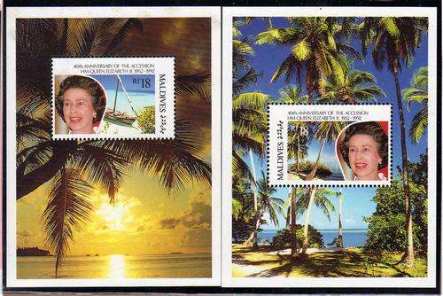 MALDIVE ISLANDS 1992 "40TH ANNIV ACCESSION OF QEII" 2 MINI SHEETS UMM . SG MS 1626. CAT 14 POUNDS.