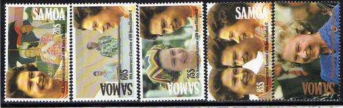 SAMOA 1992 "40TH ANNIV ACCESSION OF QEII" SET OF 5 UMM . SG 876-880. CAT 6,40 GBP.