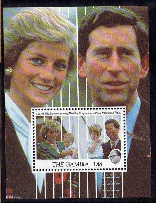 GAMBIA 1991 "10TH WEDDING ANNIV CHARLES & DIANA" SET OF 4 + M/S UMM. SG 1170-74. CAT 15,40 GBP.