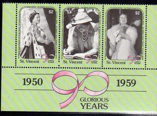 ST VINCENT 1990 "90TH BIRTHDAY QUEEN MOTHER" SET OF 3 + M/S UMM. SG 1536-39. CAT 8 GBP.