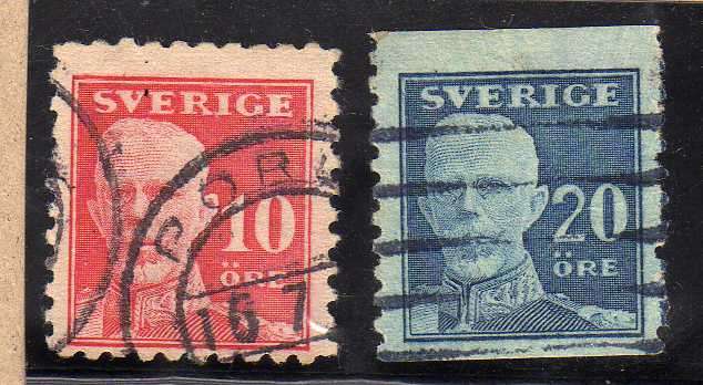 SWEDEN 1920 DEFIN 10 ORE RED + 20 ORE BLUE VFU. SG 102a & 104a. CAT 7,60 POUNDS.