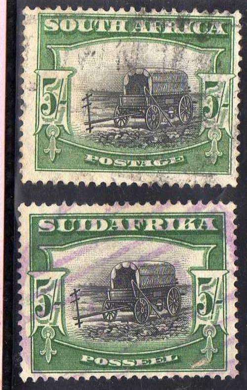 SOUTH AFRICA 1927 LONDON PICT 2 x 5/- SINGLES GOOD USED. SG 38. CAT AS SINGLES 70 POUNDS.