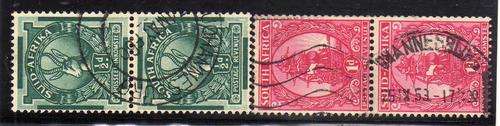 SOUTH AFRICA 1943 COIL STAMPS FINE SCREEN 2 PAIRS VFU. SACC 104 + 105. CAT R120.