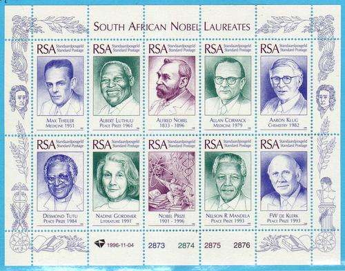SOUTH AFRICA 1996 `SA NOBEL LAUREATES` SHEET OF 10 UMM(**). SACC 991. CAT R300. (2023-25)