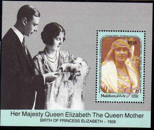 MALDIVE ISLANDS 1990 QUEEN MOTHER 90th BIRTHDAY SET OF 3 + M/S U.M.M. SG 1396-99. CAT 6,50 GBP.