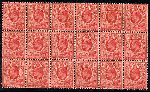 ORANGE RIVER COLONY 1905 1d W/MARK MULTI CROWN CA BLOCK OF 18. SACC 94. CAT R4860. (SACC 2015)