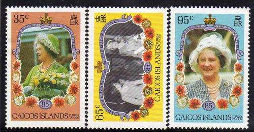 CAICOS ISLANDS 1985 "LIFE & TIMES QUEEN MOTHER" SET OF 3 UMM. SG 82-84. CAT 5,25 POUNDS.
