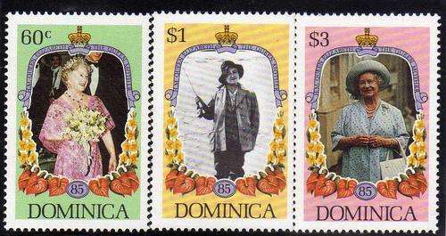DOMINICA 1985 "LIFE & TIMES QUEEN MOTHER" SET OF 3 UMM. SG 949-51. CAT 5,75 POUNDS.