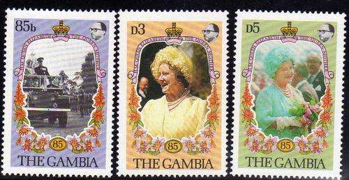 GAMBIA 1985 "LIFE & TIMES OF QUEEN MOTHER" SET OF 3 UMM. SG 586-88. CAT 5,50 POUNDS.