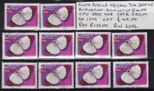 SOUTH AFRICA 16/6/2001 7th DEFIN BULK LOT OF 10 R14 BUTTERFLIES VFU. SACC 1408. CAT R250.